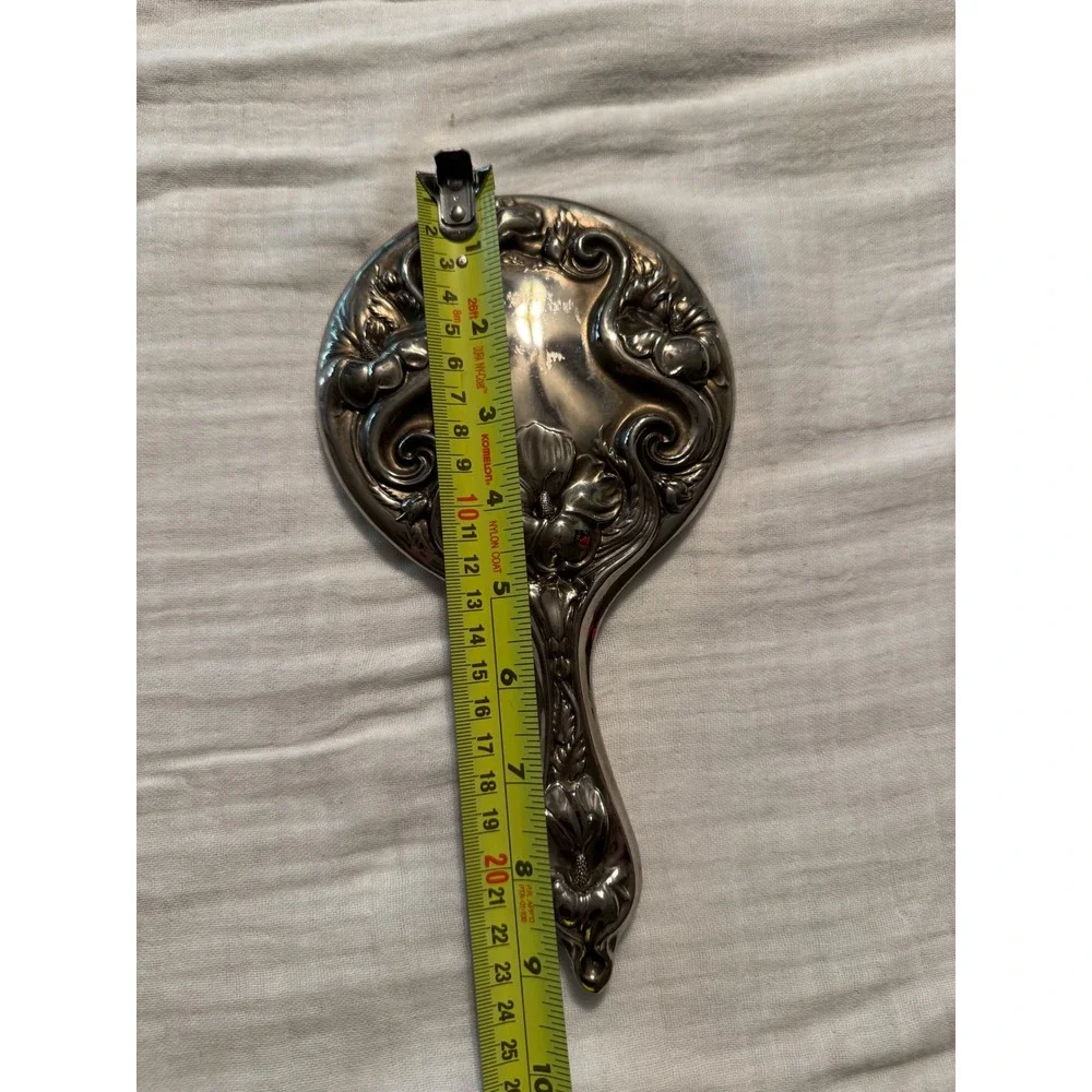 Vintage Art Nouveau Silver Tone Floral Hand Mirror Ornate Hibiscus Scroll Vanity
